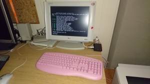The raspberry pi 2 model B, with an extra USB NIC, a USB keyboard and connected to a VGA display using an HDMI to VGA converter